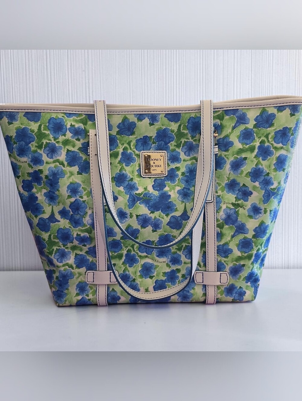 Dooney & Bourke Blue and Green Floral Tote with Cream Trim